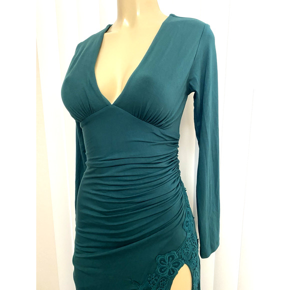 NWT SKY Dress V Neck Long Sleeve Maxi A line Ruched Green Long Slit Knit XS - Picture 4 of 9